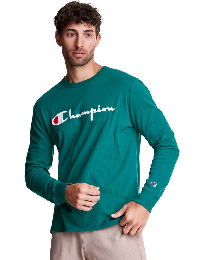 Champion Long-Sleeve Lightweight Script Logo - Miesten Turkoosi T-Paita - Suomi 1375928-IW